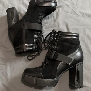 Black Lace-Up Platform Ankle Boots with Buckle Strap